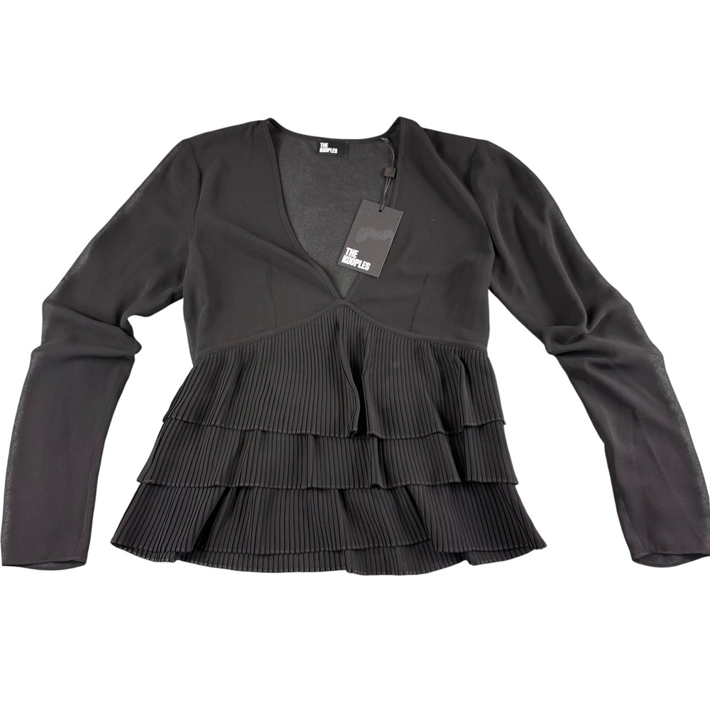 The Kooples Black Chiffon Tiered Ruffle Plunged Neck Long Sleeve Blouse Top S‎